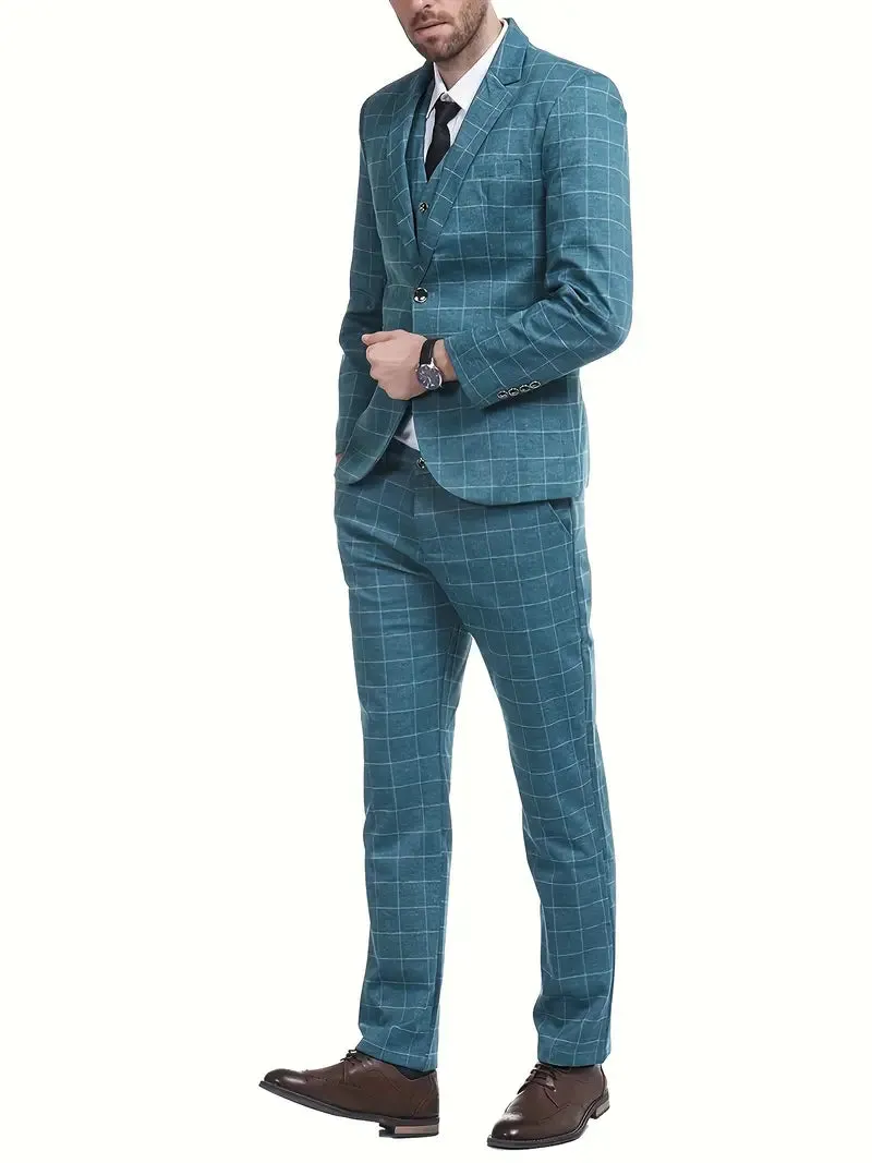 Formal 3 Stück Set, Herren Retro Plaid Ein Knopf Anzug Jacke