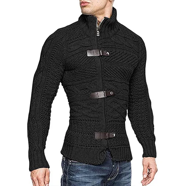 Moderner Pullover für Herren mit Stehkragen Kunstleder Schnalle Reißverschluss und Langen Ärmeln