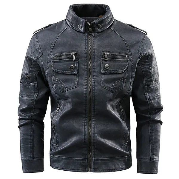 Vintage Jacke Kunstleder für Herren mit Stehkragen Langen Ärmeln und Reißverschluss