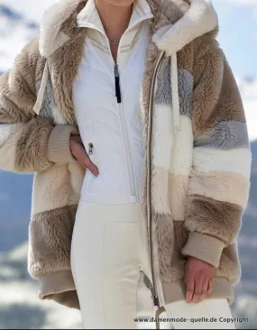 Winter Warme Patchwork Plüsch Damenjacke in Beige bis 4XL